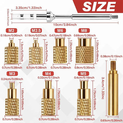 Pro Grade Heat Set Thread Insert Tool Kit for M2, M2.5, M3, M4, M5, M6, M8 with sizes and brass inserts shown