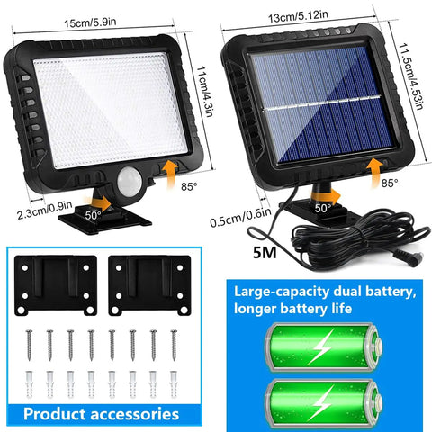 Outdoor Solar Motion Lights With 56 LED, IP65 Waterproof, 120 Degree Lighting Angle, split panel, cable, and accessories.