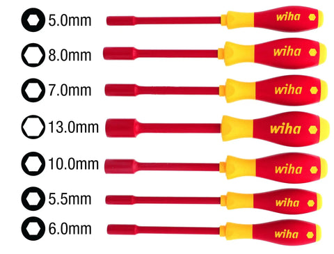 Nine Piece Pro Grade 1000 Volt Insulated Metric Nut Driver Set With SoftFinish Cush Grip For Comfort And Control Includes visible sizes 5mm 6mm 7mm 8mm 10mm 13mm