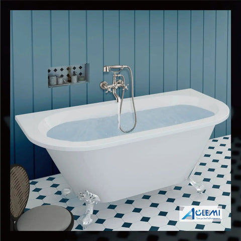 Wall Mount Bathtub Faucet With Brushed Nickel Finish over white tub in blue-tiled bathroom, featuring handheld shower sprayer.
