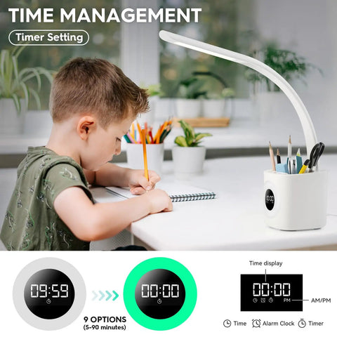 Child using Upgraded 10W USB Desk Lamp With Clock Pen Holder Timer And Ambient Color Night Light on study desk