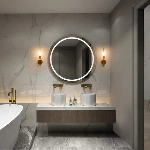 Bathroom with two Dope Dark Gold Wall Sconce With Seedy Glass Shade For Bathroom And Hallway beside a circular mirror above vanities