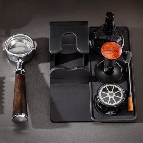 53mm Espresso Tamper Station With Spring Loaded Tamper And WDT Tool For Flawless Pulls displayed with portafilter, tamping tools, and brush.