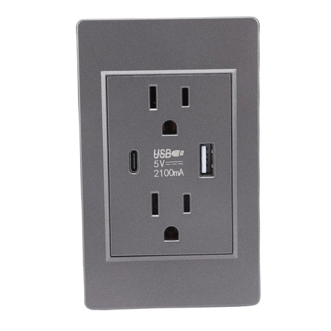 Usb And Type C Wall Outlet 15A Dual Charging Station With Flame Retardant Polycarbonate Panel And Reinforced Steel Core Sleek Modern Design Built Tough For Bedroom Living Room Safe Us Plug Lowkey Amazing, gray wall outlet with USB and Type C ports.