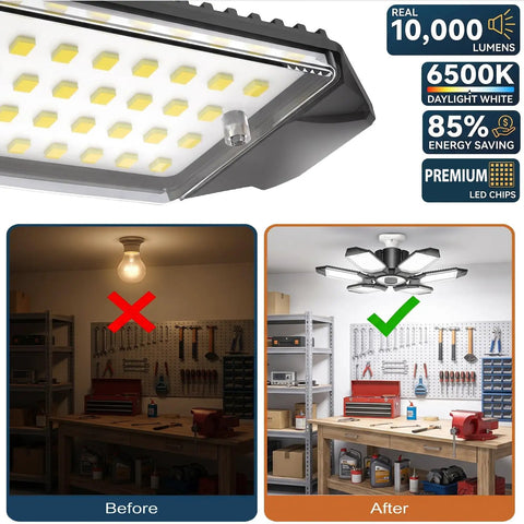 Powerful 100W LED Garage Light With 10000 Lumens And 6 Deformable Panels For Full 360 Degree Illumination E26 E27 Screw In Shop Lighting Before After