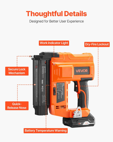 Smooth Shootin Cordless Brad Nailer 18 Gauge 20V Battery Powered Nail Gun showcasing features like secure lock, work light, and battery.
