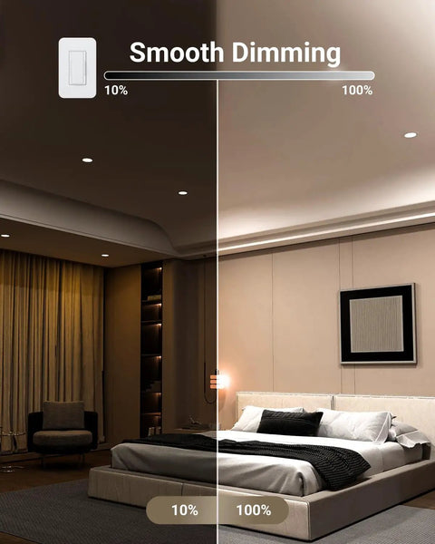 Bedroom lighting with smooth dimming using Six Pack Retrofit LED Recessed Can Lights, 6 Inch, highlighting 10% to 100% illumination.