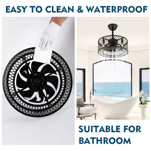 Dope Caged Ceiling Fan With Lights Remote Control, Industrial Enclosed Blades, Bathroom Use, Black Fixture