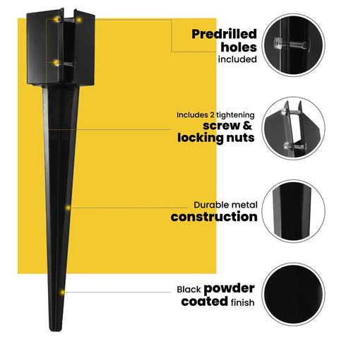 Heavy Duty 24 Inch Fence Post Ground Spike Anchor 4x4 Metal Black Powder Coated For Easy Install No Digging Concrete Not Required Fits 3.5x3.5 Wood Posts Mailbox Post Anchor with predrilled holes and locking nuts