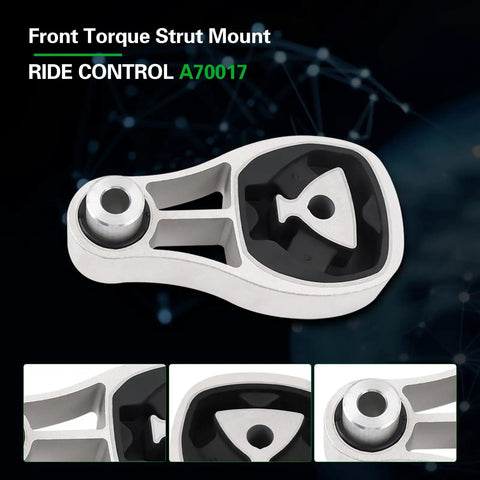 Front Torque Strut Mount RIDE CONTROL A70017 showing aluminum material and black rubber insert for enhanced stability.