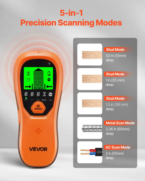 5-in-1 Stud Finder Wall Scanner with LCD display showing precision scanning modes and depth measurements for various materials.