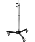 8.5 Ft Folding Wheeled Base Stand With Locking Wheels Low Profile Steel And Aluminum Frame Dual Risers 5/8 Inch Baby Stud