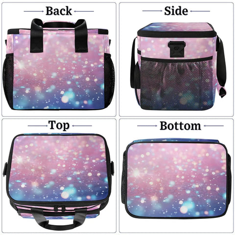 Insulated Picnic Backpack Lunch Box For Women And Men Portable Tote with pink and blue design showing back, side, top, bottom views