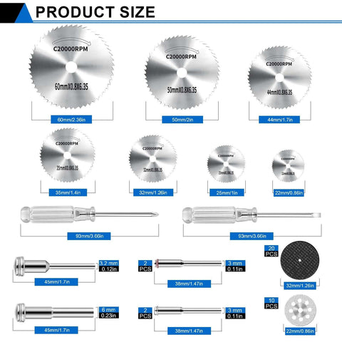 Front view: 45-piece Gupawix cutting wheel kit for Dremel tools with diamond discs and mandrels