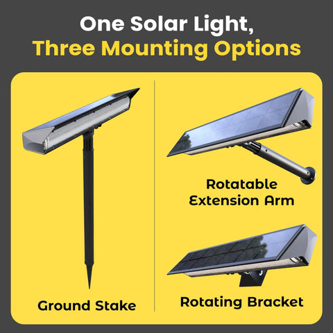 Adjustable Solar Sign Lights Outdoor Black LED Floodlight For House Numbers Real Estate Curb Appeal displayed with three mounting options.