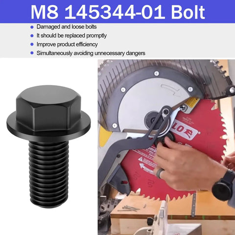 Miter Saw Arbor Bolt Replacement 8mm M8 14534401 for Dewalt miter saws, shown with a red blade in use, fits 1710 3660 3680 series.