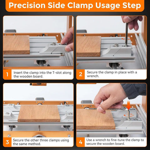 Four Piece Side Clamp Vise Aluminum Alloy Set With Ultra Low Profile Design For Compact Surface Machining On CNC Milling And Drill Press Equipment To Get Jobs Done Smoothly Without Any Hiccups showing usage steps with clamps securing a wooden board.