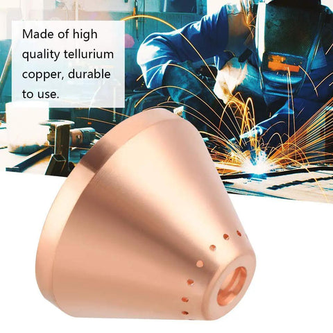 Copper Cup, Nozzle, Tips And Cover Set For Plasma Cutter Torch shown with welding sparks, pro grade for 32mm metal cutting