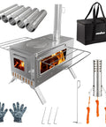 Stainless Steel Portable Tent Stove With Crack Resistant Ceramic Glass For Outdoor Camping, accessories and carrying bag displayed