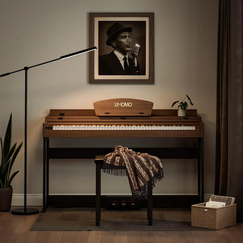 88 Key Digital Piano Keyboard With Metal Stand Full Size Electric Piano For Beginners And Adults Jam At Home With Headphone Jack 3 Pedals Soft Sustain Sostenuto LCD Display 80 Demo Songs Walnut Finish in living room setup