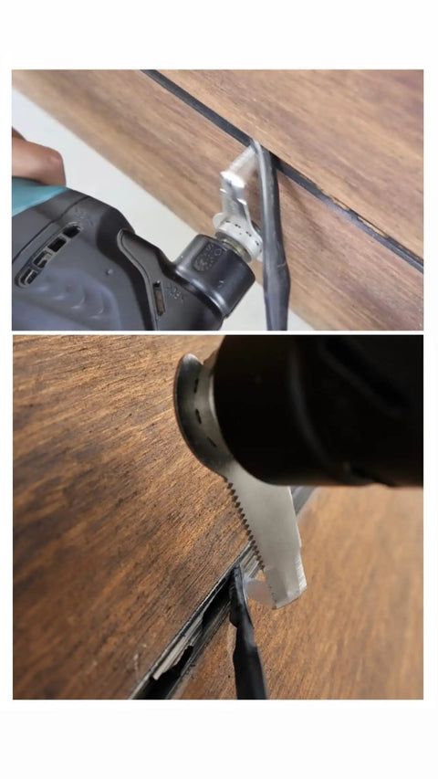 One And A Half Inch Stainless Steel Serrated Caulking Scraper For Oscillating Tools cutting through caulk on wood