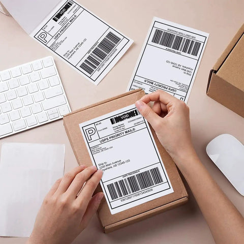 Hand applying a Premium 4 X 6 Thermal Shipping Label For Direct Thermal Printer to a cardboard box.