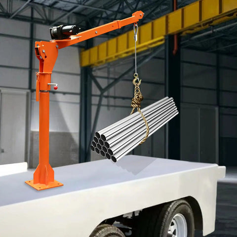 Rock Solid Folding Pickup Truck Bed Crane Hoist With Slick 12V Electric Winch lifting steel pipes on a truck bed.