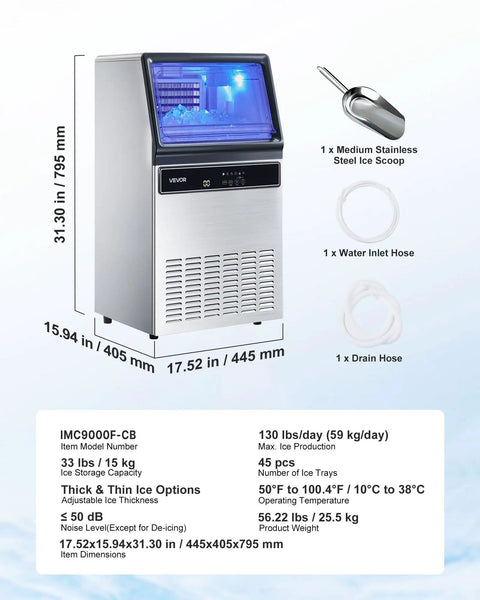 Top Notch Commercial Ice Maker Cranking Out 120 Lbs Daily With Slick Under Counter Design, Built In Self Cleaning, And Rugged Stainless Steel Shell side view with ice tray visible.