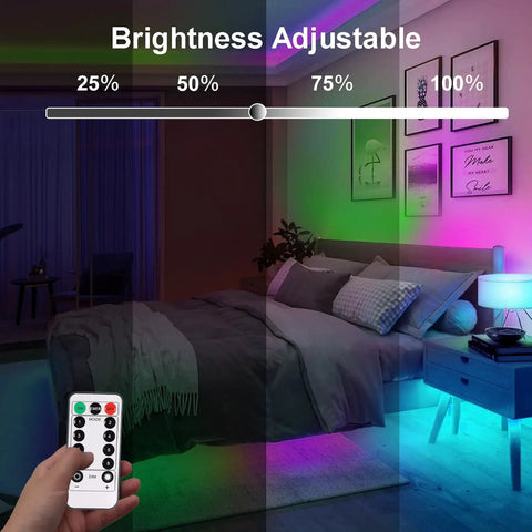 Brightness adjustable multicolor lighting with remote control in bedroom, showcasing Battery Powered LED Strip Lights 9.8Ft Multicolor With Remote Dimmable Timer Waterproof Flexible Tape For Indoor Outdoor Decor TV Backlight Bedroom Kitchen Boat Table Garden Dope Mood Lighting.