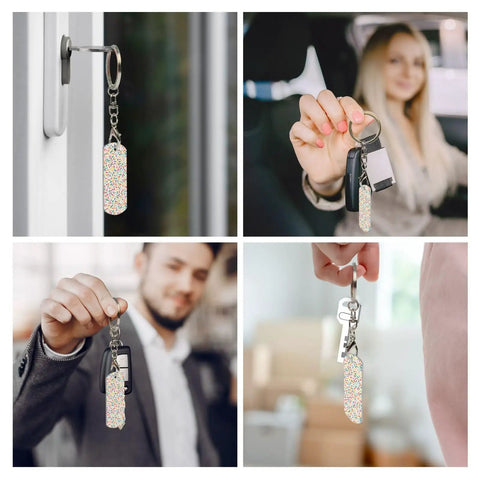 Slick Mini Abstract Rectangle Aluminum Keychain Featuring A Dope Scattered Grid Plated Finish Rust Resistant Metal Key Holder And Bag Charm Daily Accessory For Her And Him hanging on a door and held by people.