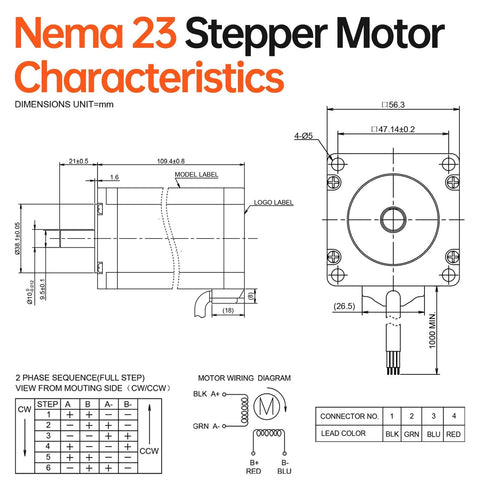 Diagram of 3.5Nm Nema 23 Stepper Motor dimensions and wiring