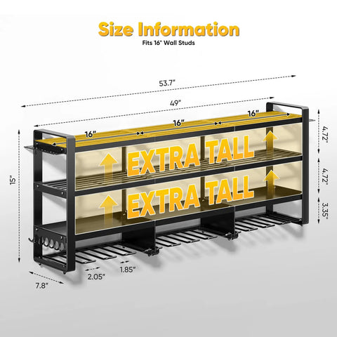 49 Inch Wide Power Tool Organizer Wall Mount, Four Layer Heavy Duty Tool Storage Rack With Wrench And Screwdriver Holders, dimensions and features highlighted