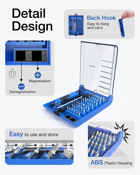 45-In-1 Mini Precision Screwdriver Set with Magnetic Bits, tweezers, extension shaft in open blue case showing details and features