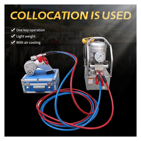 No Frills Heavy Duty Square Drive Hydraulic Torque Wrench setup with air cooling and hoses for efficient operation.
