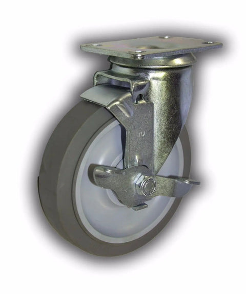 Five Inch Swivel Caster Set With Non Marking Rubber Wheels That Roll Smooth As Silk While The Top Lock Brake Keeps Loads Locked Down And This Tough Four Pack Carries Three Hundred Twenty Five Pounds Each For Easy Yard Work, close-up view of caster with grey rubber wheel.