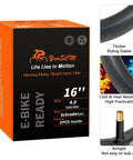 Two Pack 16x4.0 Heavy Duty E Bike Inner Tubes With Schrader Valve AV32mm for fat tire 16x4 electric bikes packaging and features.