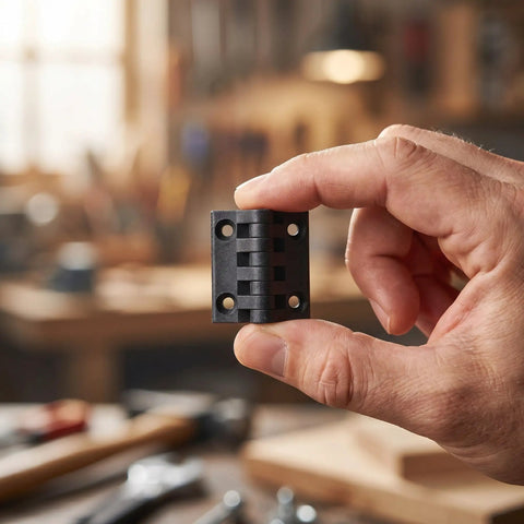 Close-up of Black Plastic Cabinet Door Hinges 1.57 Inch Screw Mount Lift Off Enclosure Hinges for control panels.