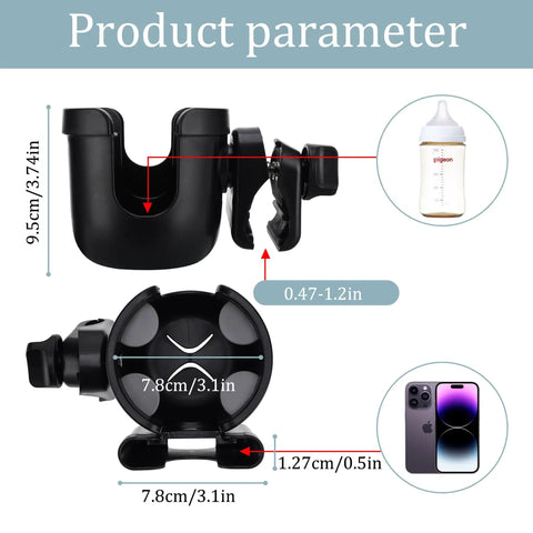 Universal Stroller Cup Holder With Phone Holder dimensions and bottle fit, adjustable for 1.2-inch handlebars, in black.