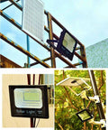 100W Solar Flood Light With Remote Control Dusk To Dawn Outdoor Lamp 324 LEDs 5000 Lumen Brightness Waterproof IP65 installed