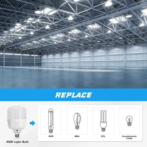 2 Pack LED Corn Light Bulbs 40W, 300W to 350W Equivalent, Cool White 5000K, E26 Base displayed with replacement diagram for different bulb types.