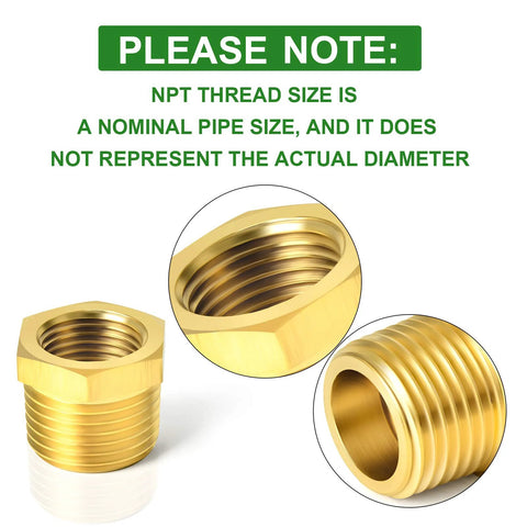 Brass NPT reducer 1" to 3/4" hex bushing pipe adapter, corrosion-resistant, heavy-duty plumbing connection, close-up view of threads.