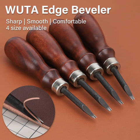 Top Shelf Leather Edge Beveler Set features four high carbon steel skiving knives with smooth wood handles for precise leather work.
