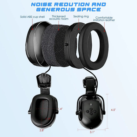 Heavy Duty Bluetooth Hard Hat Earmuffs With NRR 26Db Noise Cancelling Hearing Protection and Built In Mic, showing solid ABS shell and thick acoustic foam.
