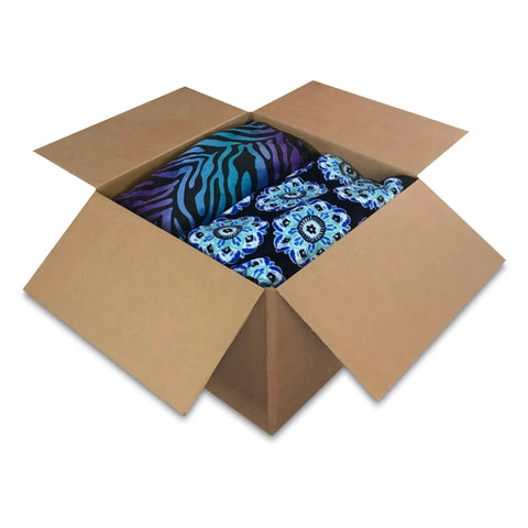 Rock Solid Large Cardboard Moving Boxes For Easy House Moves And Reliable Storage Heavy Duty Corrugated Packing Cartons With PreCreased Fold Flaps filled with colorful fabric.
