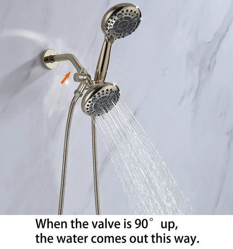 High Pressure Dual Shower Head With Handheld, 6x6 Spray Modes Shower Head Combo in polished gold, water flow shown