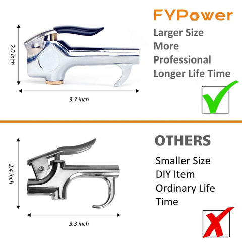 Comparison of two blow guns showing size difference for 22 Piece Garage Ready Air Compressor Accessories Kit With 25 Ft Hybrid Hose Three Eighths Inch Diameter And One Quarter Inch NPT Quick Connect Fittings Tire Inflator Gauge Blow Gun Air Filter Water Oil Separator Swivel Plugs And Inflation Needles