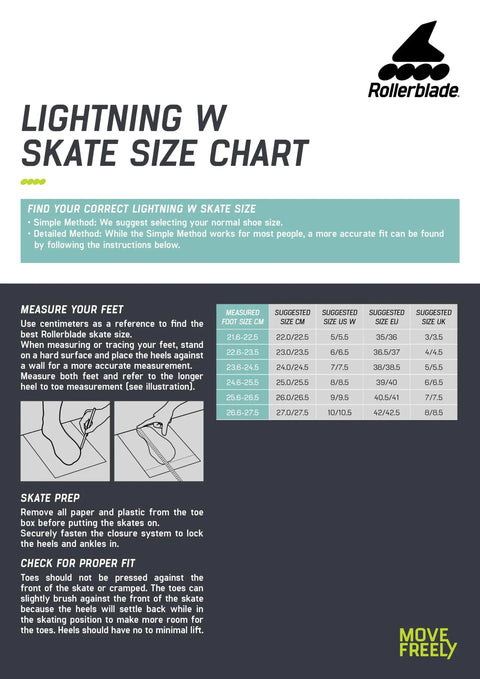 Size chart for Lightning 90 Womens Urban Inline Skates For All Day Comfort And Versatility In Black And Sangria