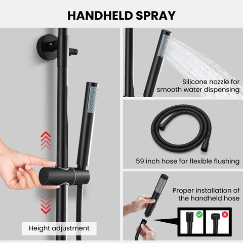Handheld spray component of Built Like A Tank Outdoor Shower Kit with 59 inch hose and adjustable height for flexible use.