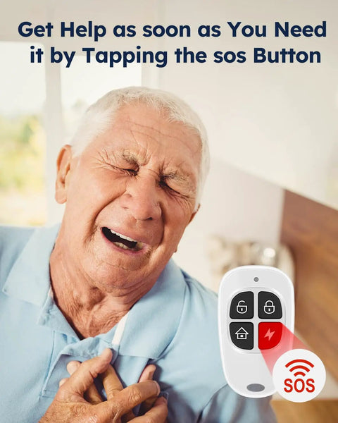 Elderly man holding chest with emergency remote showing SOS button for immediate help