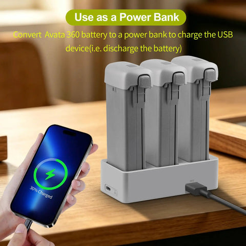Two-Way Charging Hub For Avata 360 Drone, Fast Charger Case Station with three batteries and connected phone charging via USB cable.